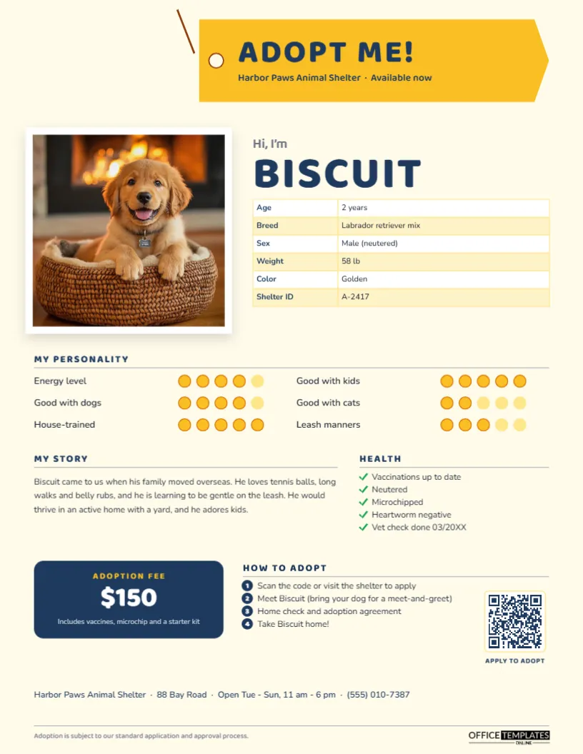 Pet Adoption Profile – “Adopt Me!” Tag, Photo and Personality Meters