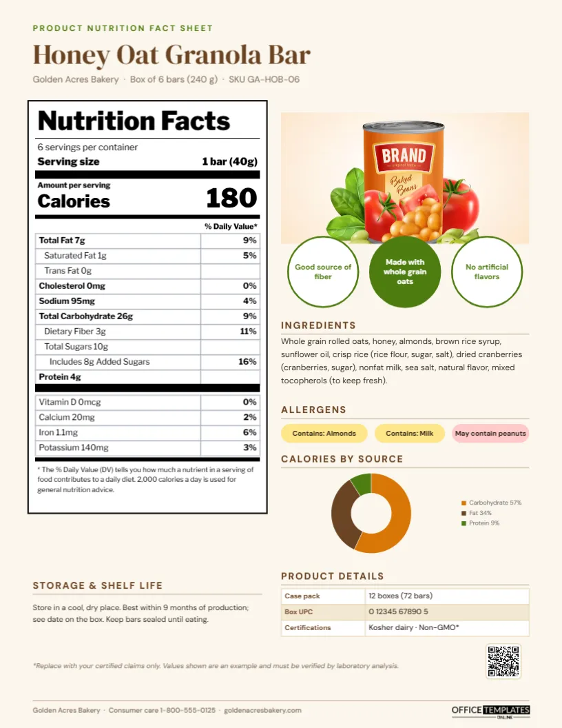 Food Product Nutrition Fact Sheet – Nutrition Panel, Allergens and Specs