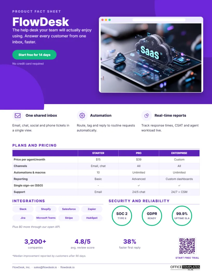 SaaS Product Fact Sheet – Browser Mock-Up, Pricing Table and Trust Badges