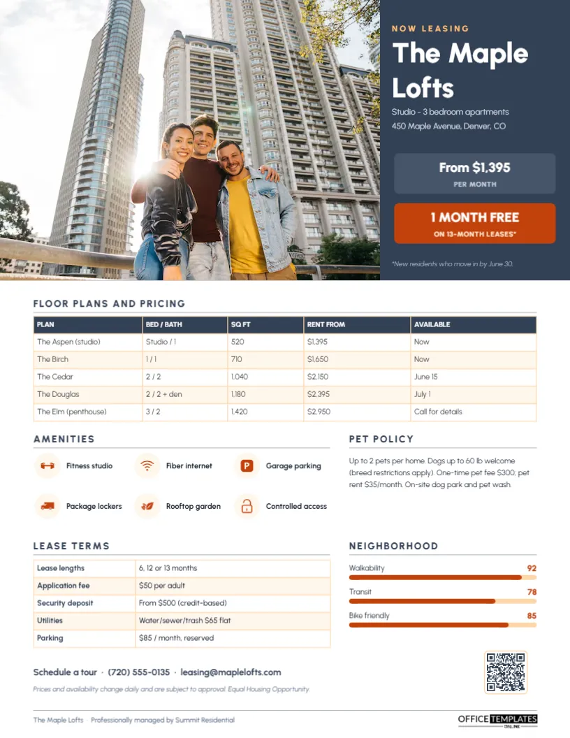 Apartment Community Fact Sheet – Floor Plans, Amenities and Lease Terms