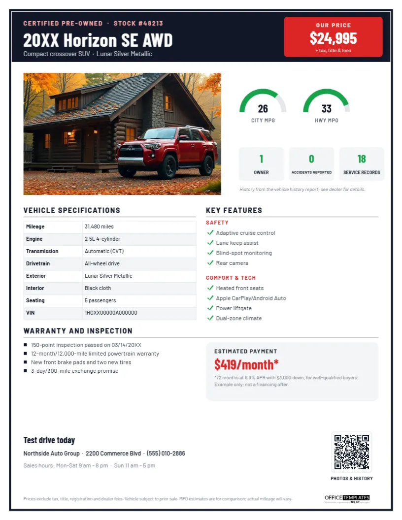 Used Car Fact Sheet – Dealer Window Sticker With Price, MPG and History