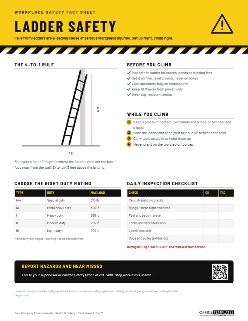 Ladder Safety Fact Sheet – 4-to-1 Rule, Duty Ratings and Inspection