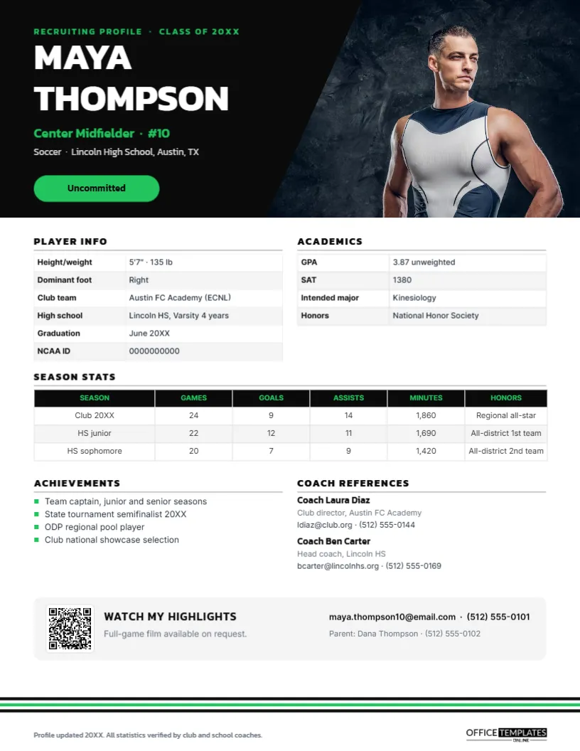 Athlete Recruiting Profile – One-Page Sports Résumé for College Coaches