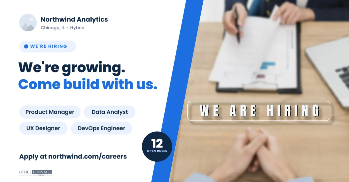 We’re Hiring LinkedIn Banner (1200 x 627 px) – Open Roles Post