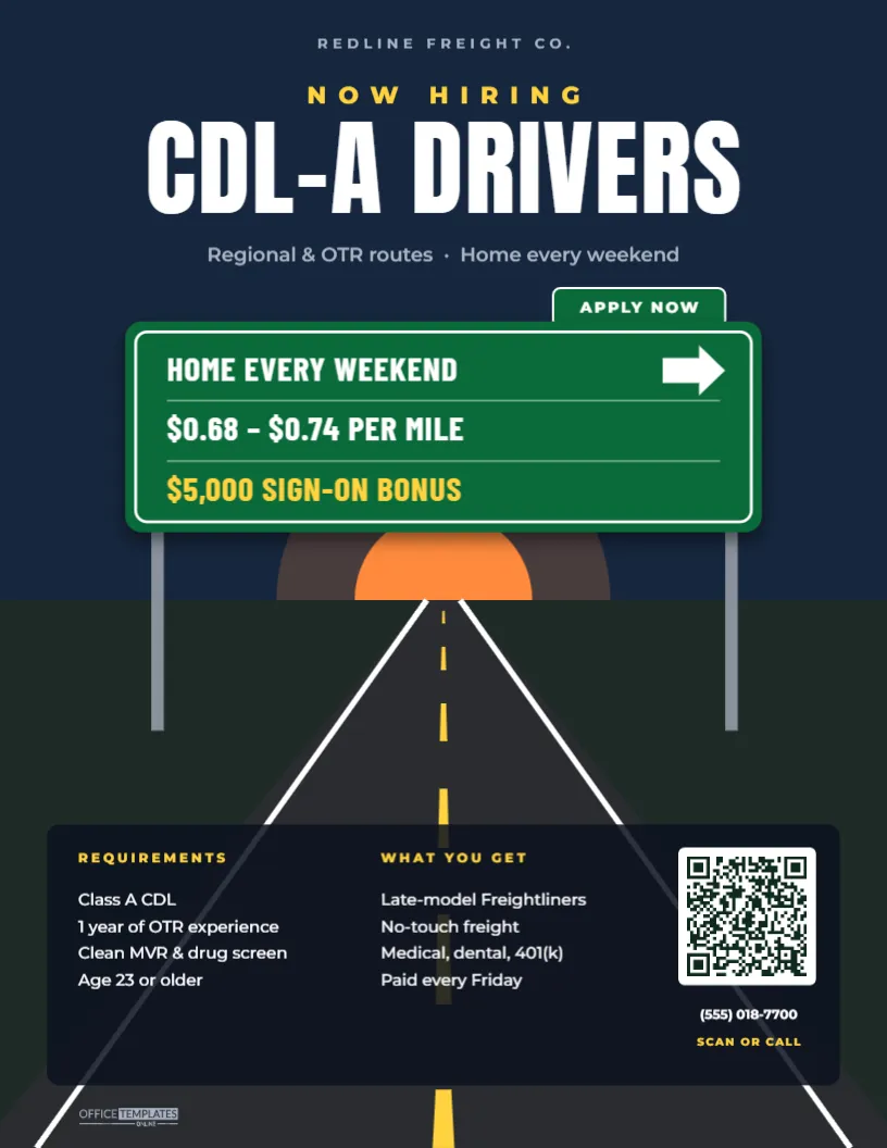 CDL Truck Driver Hiring Flyer – Highway Sign Recruiting Design