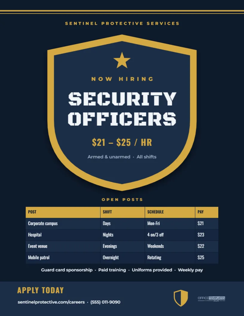 Security Officer Hiring Poster – Shield Badge Now Hiring Design