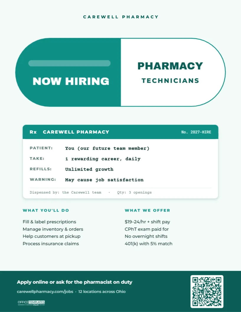 Pharmacy Technician Hiring Flyer – Capsule & Rx Label Design