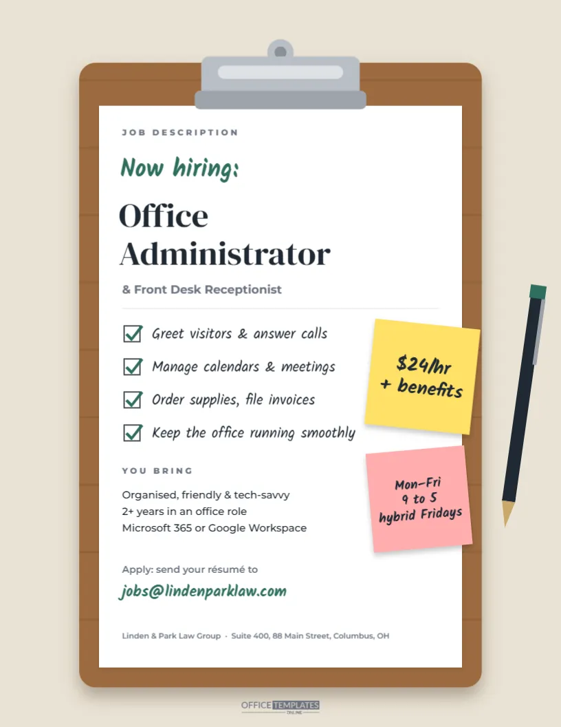 Office Administrator Hiring Flyer – Clipboard Job Description Design