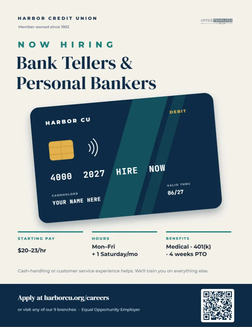 Bank Teller Hiring Flyer – Debit Card Design for Banks & Credit Unions