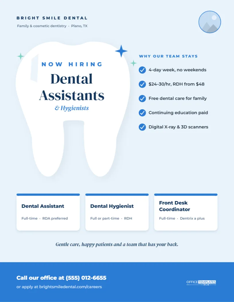 Dental Assistant Hiring Flyer – Tooth Design for Dental Offices