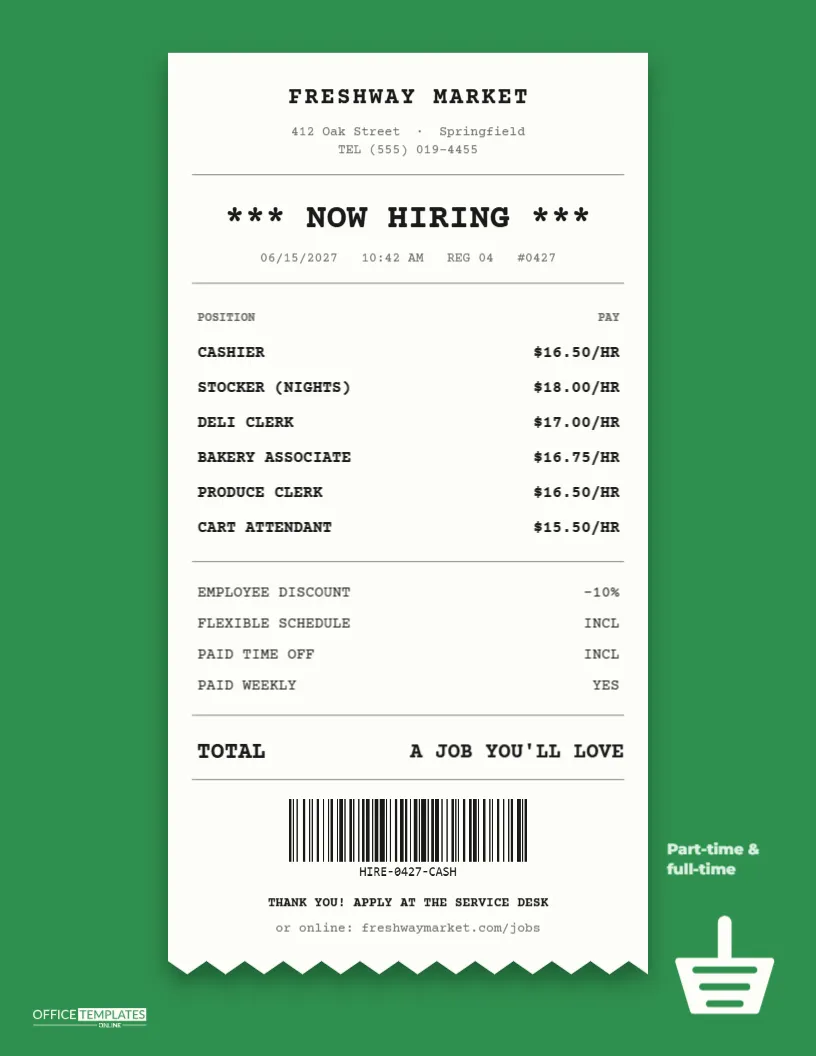 Grocery Store Hiring Flyer – Cash Register Receipt Design