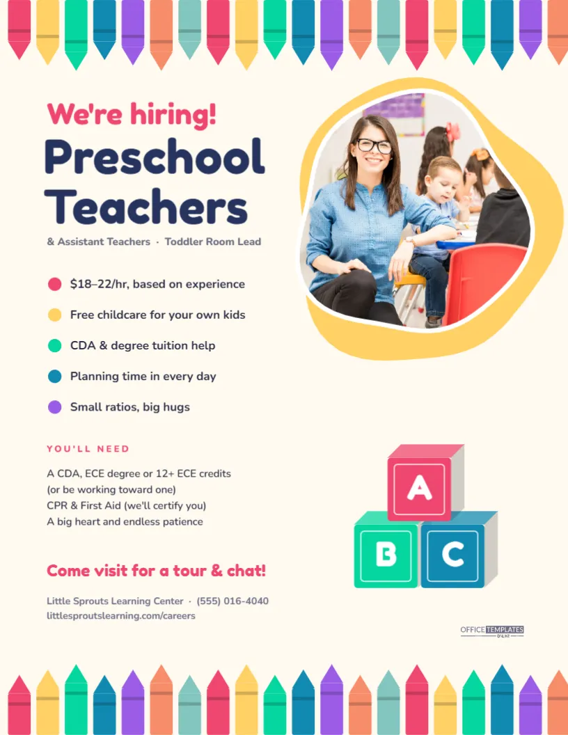Preschool Teacher Hiring Flyer – Crayons & ABC Blocks Daycare Design