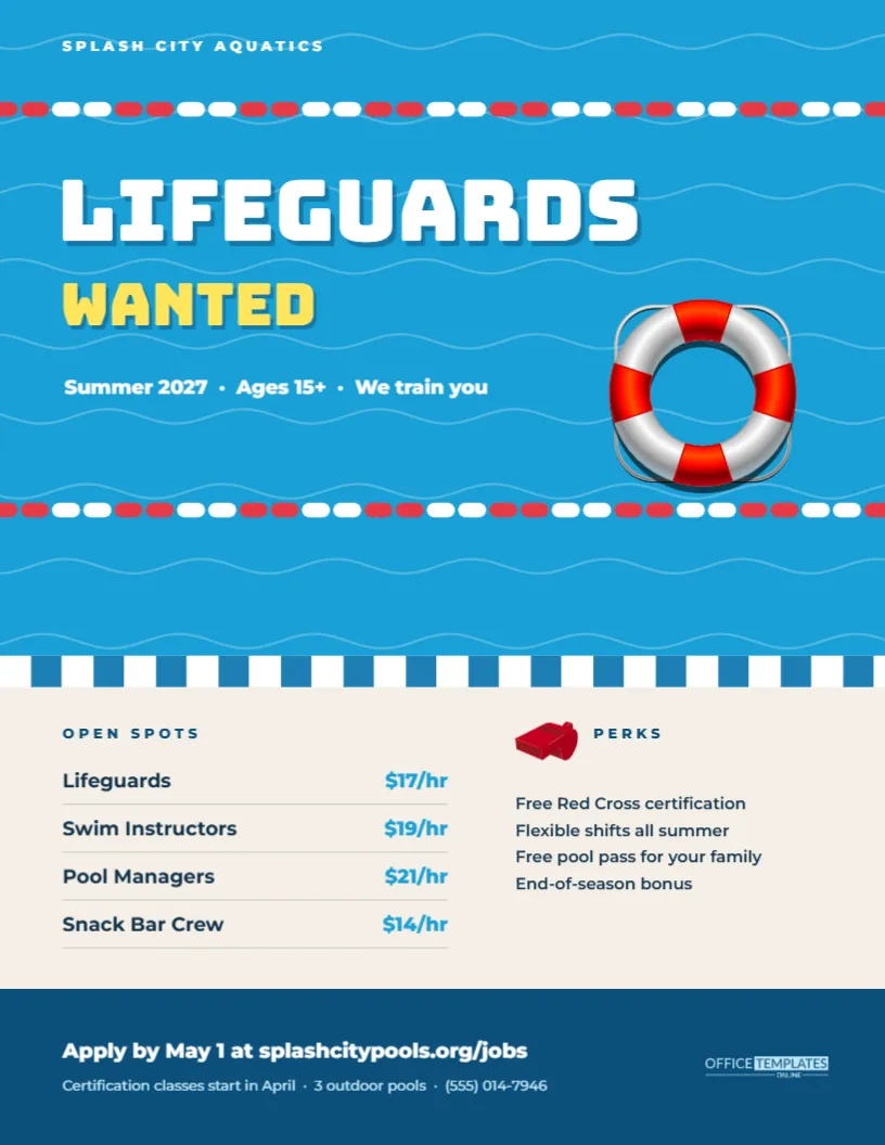 Lifeguards Wanted Flyer – Pool Lanes Summer Jobs Design