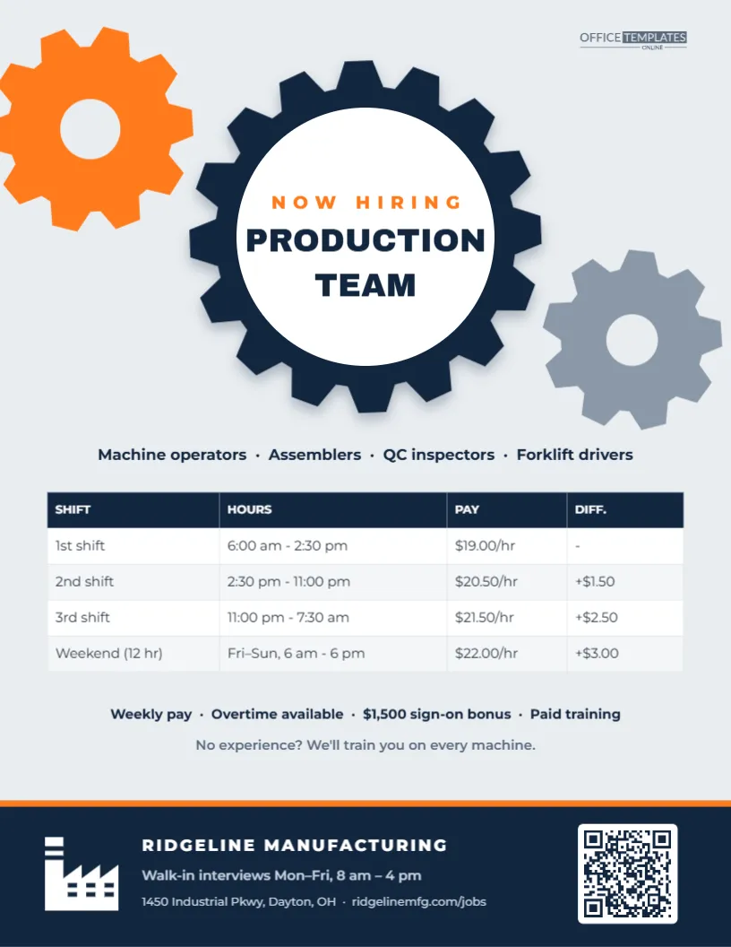Factory & Manufacturing Hiring Flyer – Interlocking Gears Design