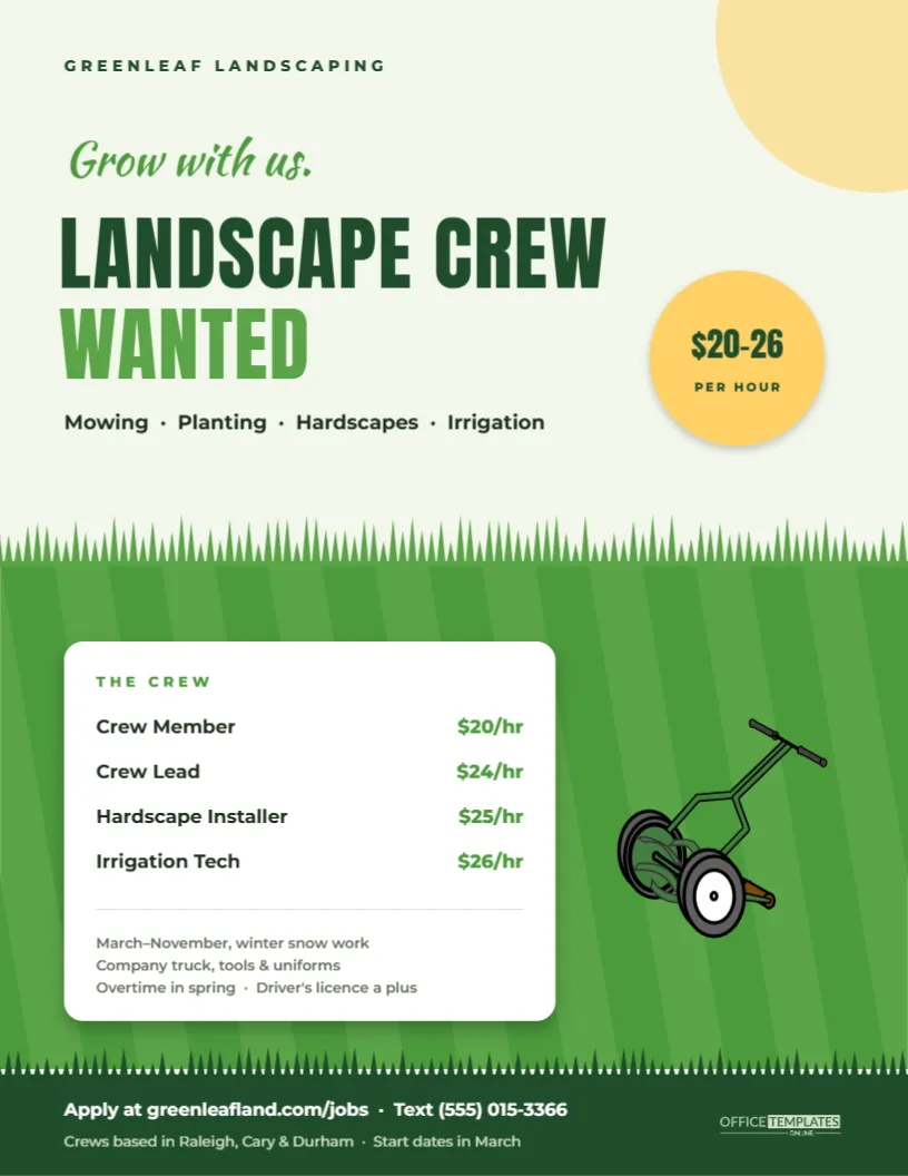 Landscaping Crew Hiring Flyer – Striped Lawn & Mower Design