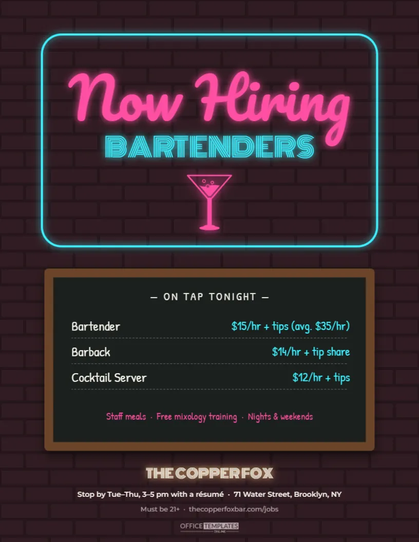 Bartender Hiring Flyer – Neon Sign on Brick Wall Bar Design