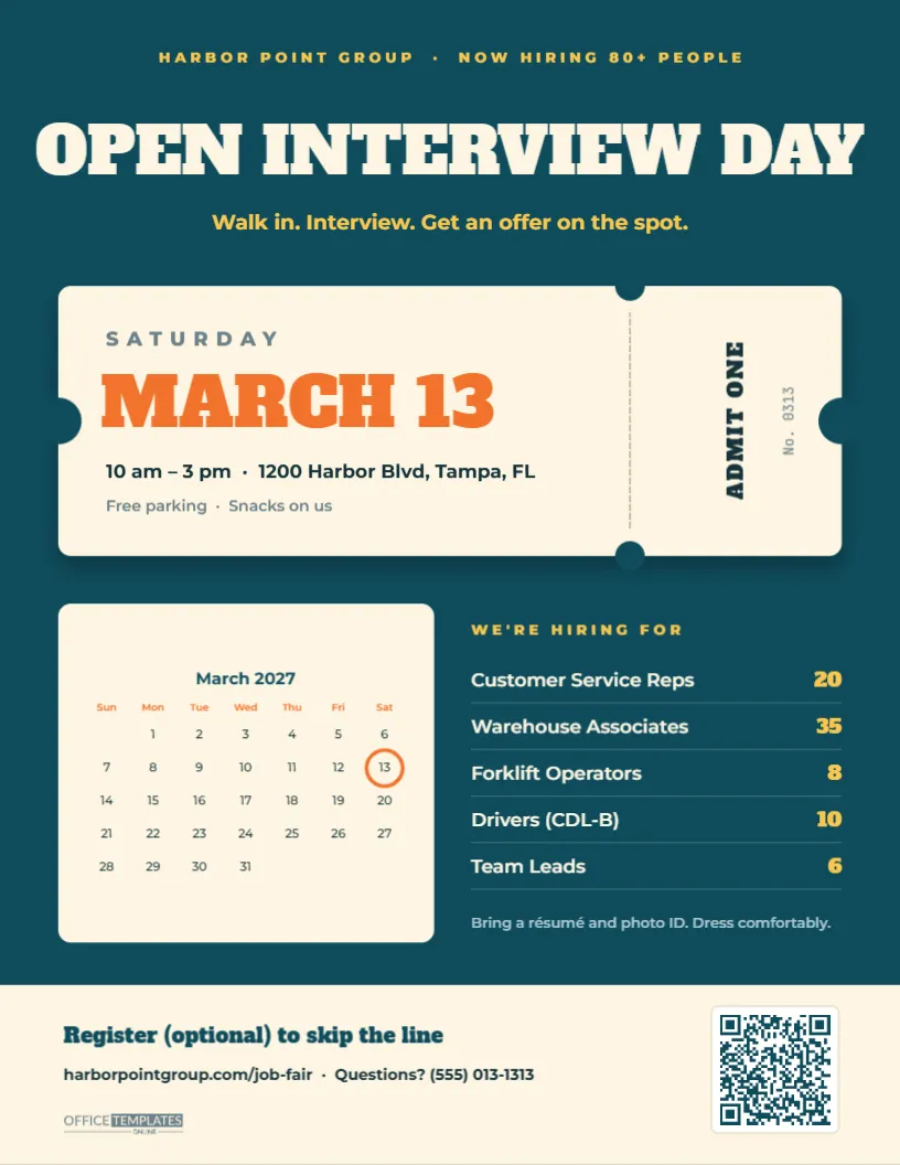 Job Fair Flyer – Open Interview Day Ticket With Calendar