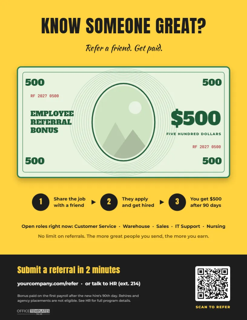 Employee Referral Bonus Poster – $500 Banknote Design