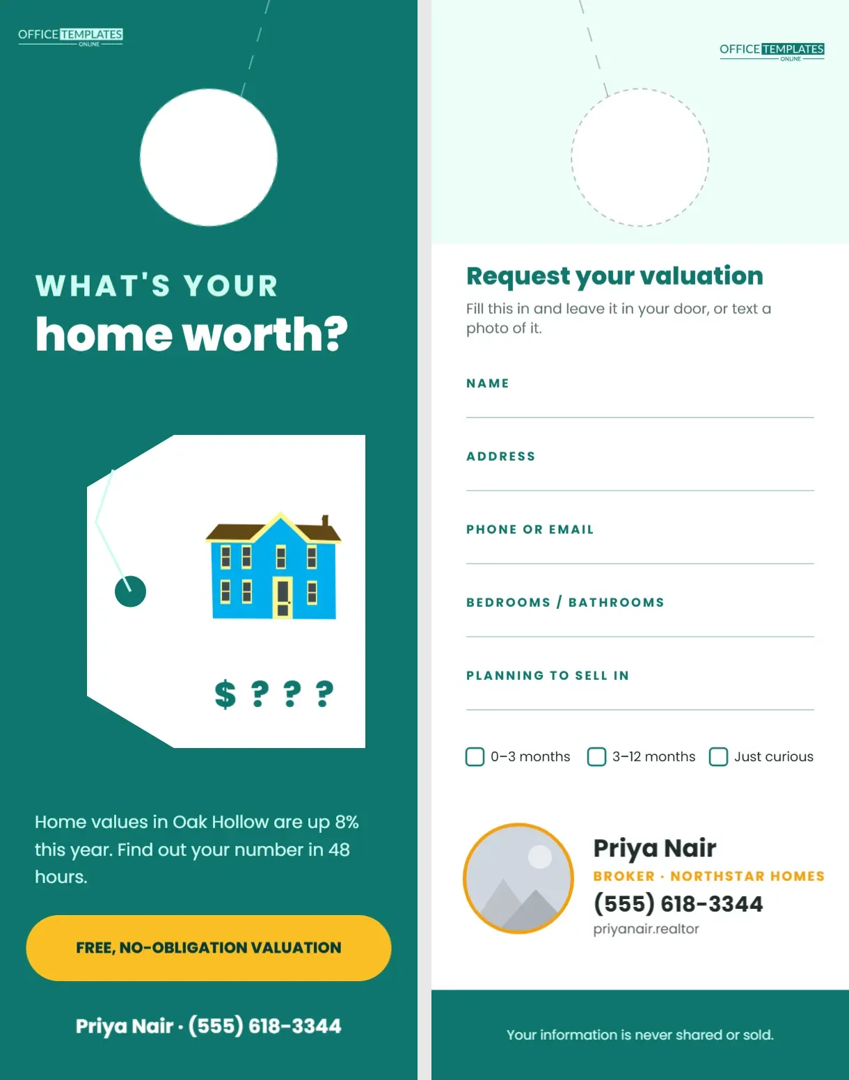 Free Home Valuation Door Hanger with Price Tag and Request Form