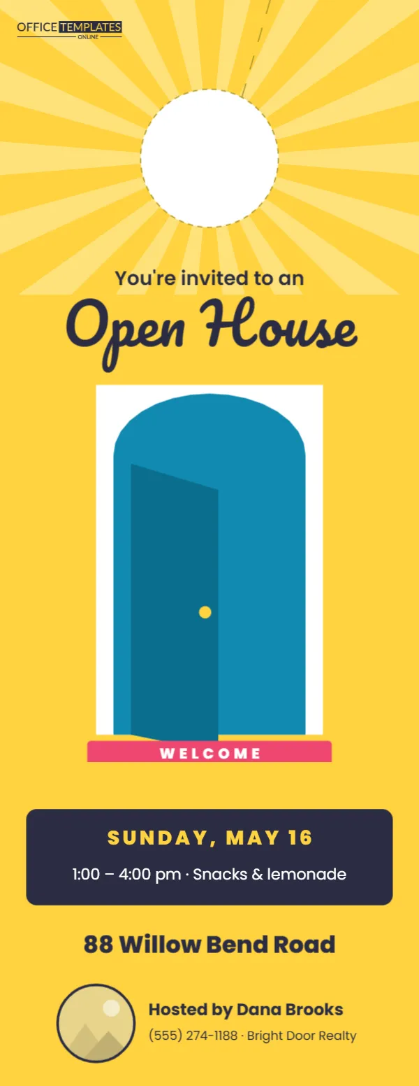 Open House Invitation Door Hanger with Sunburst and Open Door