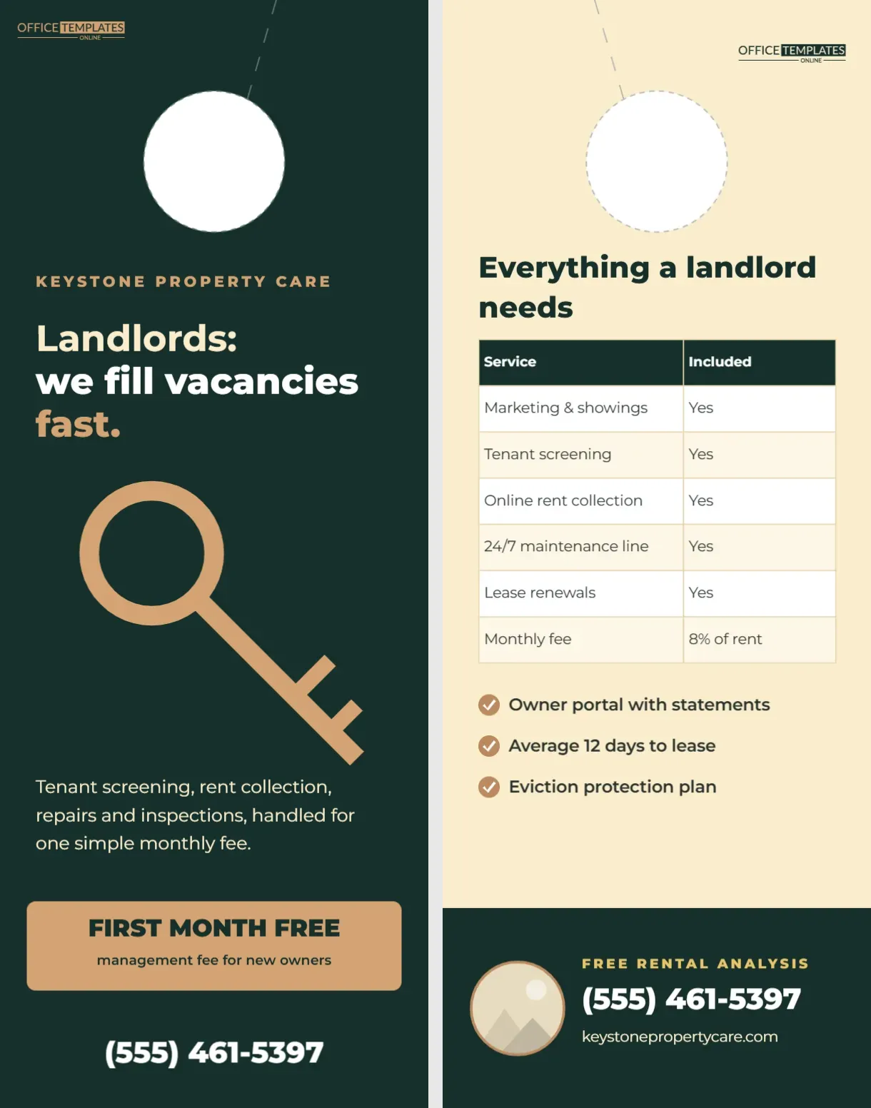 Property Management Door Hanger for Landlords with a Brass Key