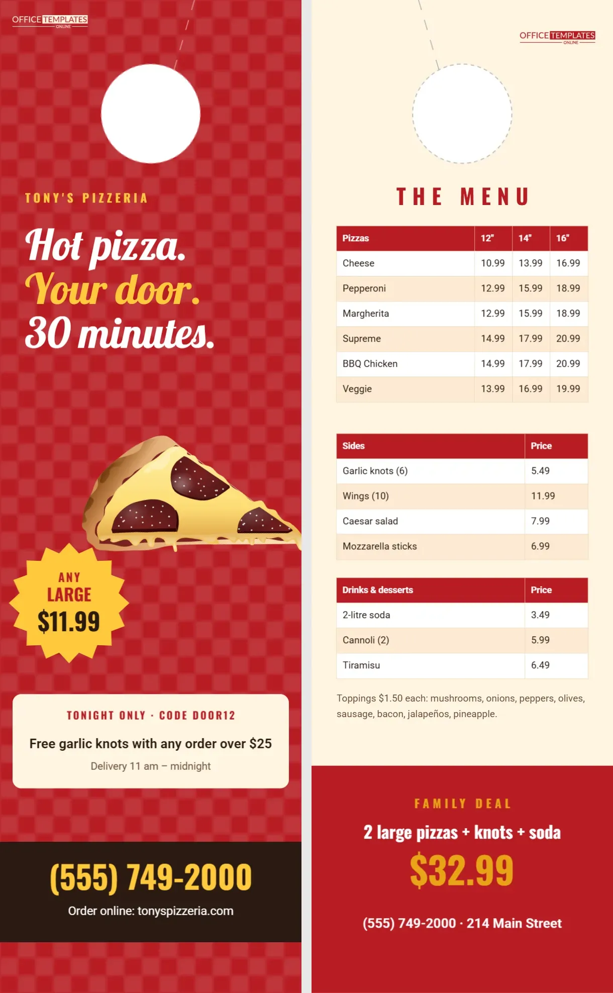 Pizza Delivery Menu Door Hanger on a Red Checkered Tablecloth