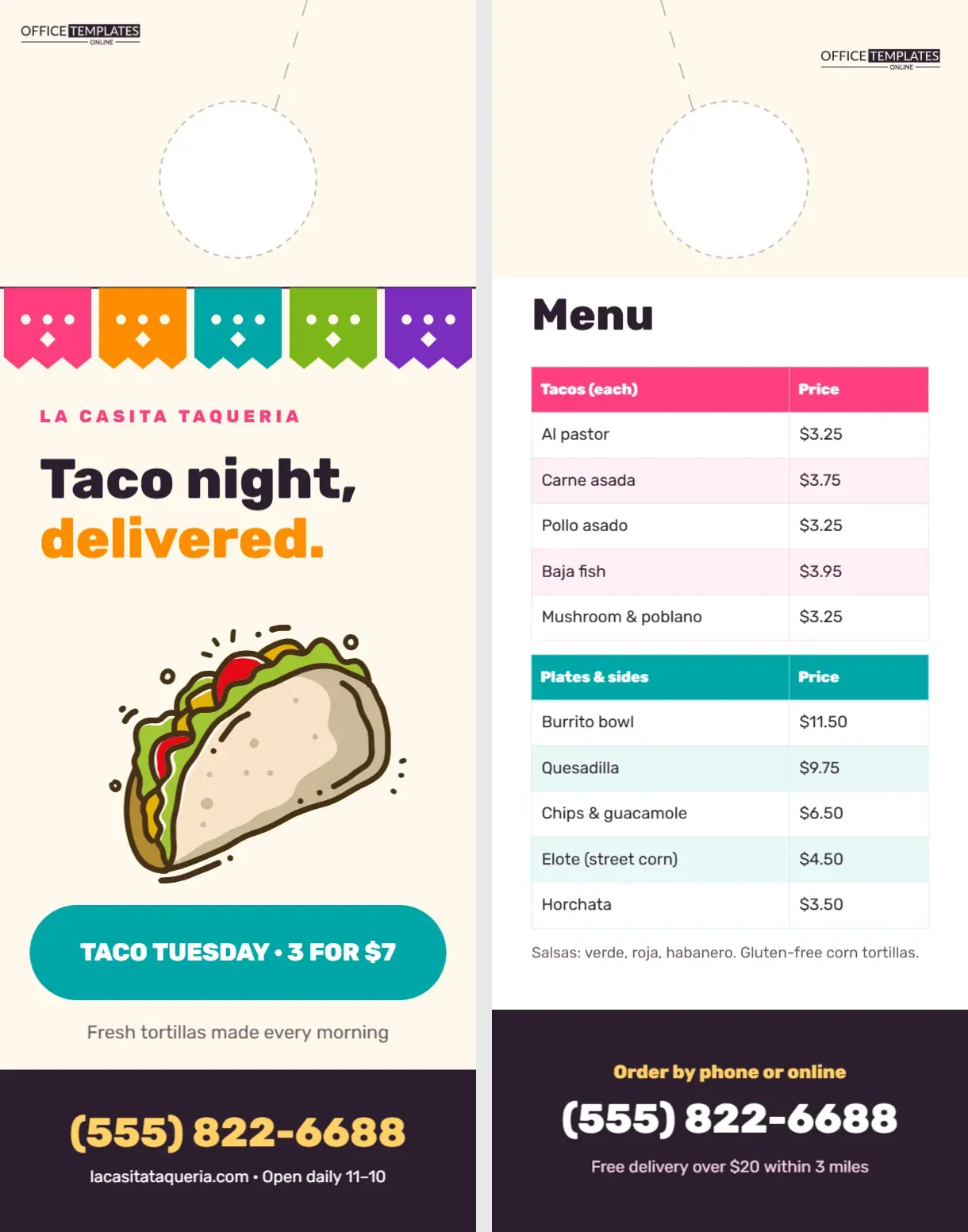 Taco Takeout Door Hanger with Papel Picado Banner and Menu Back