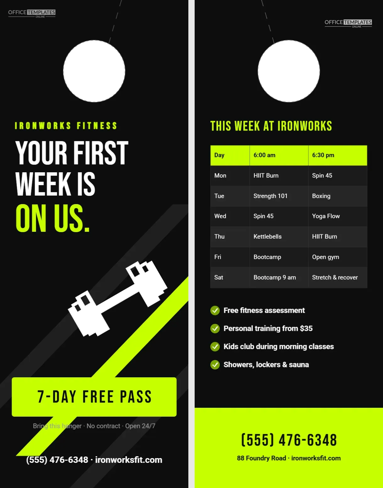 Gym Free Week Pass Door Hanger in Black and Neon Lime
