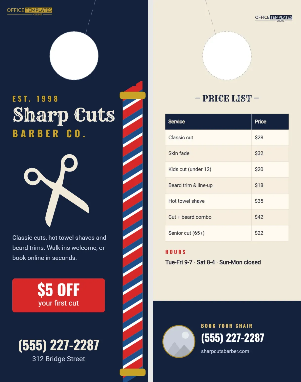 Barber Shop Door Hanger with Barber Pole and Price List