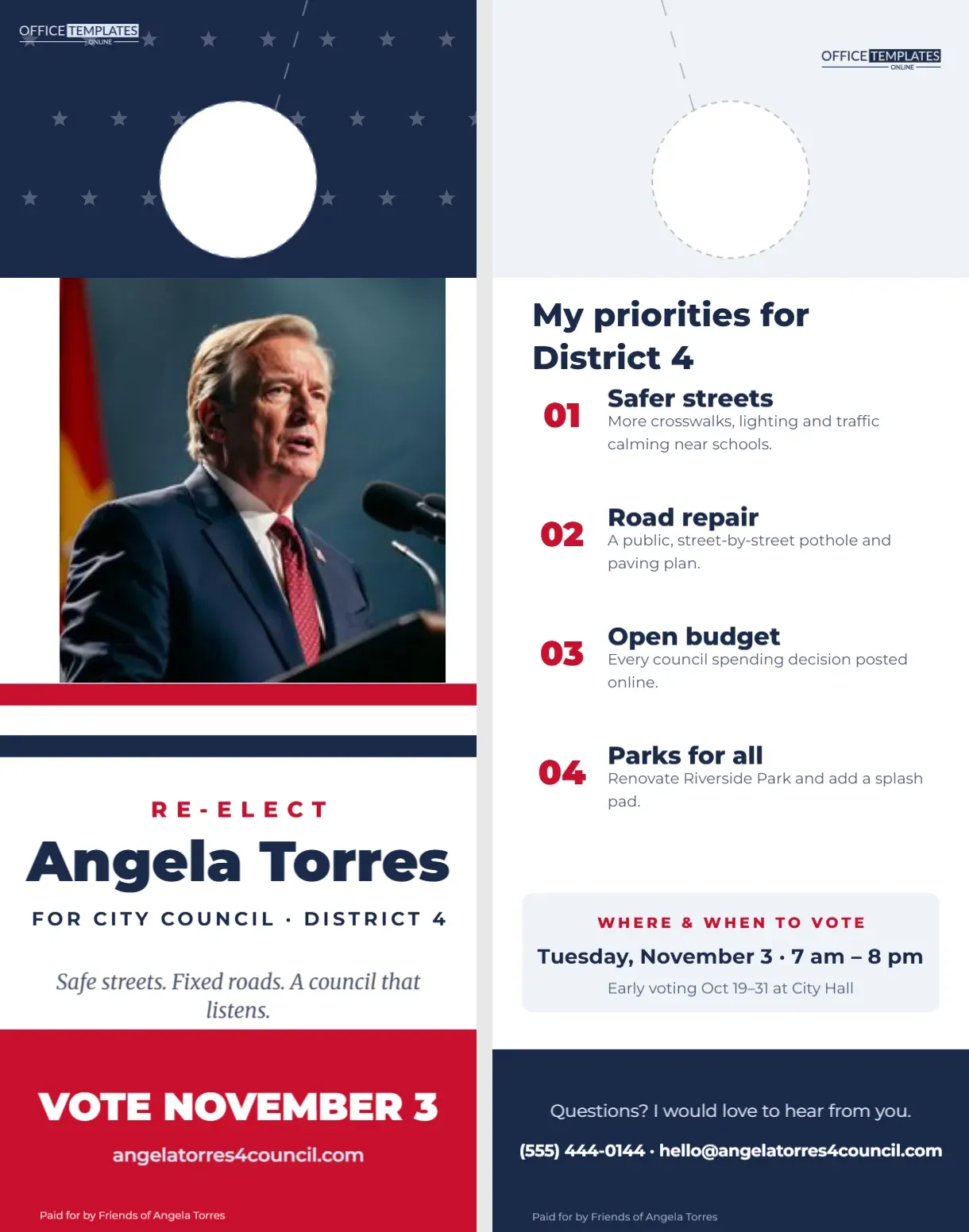 Political Campaign Door Hanger with Candidate Photo and Priorities
