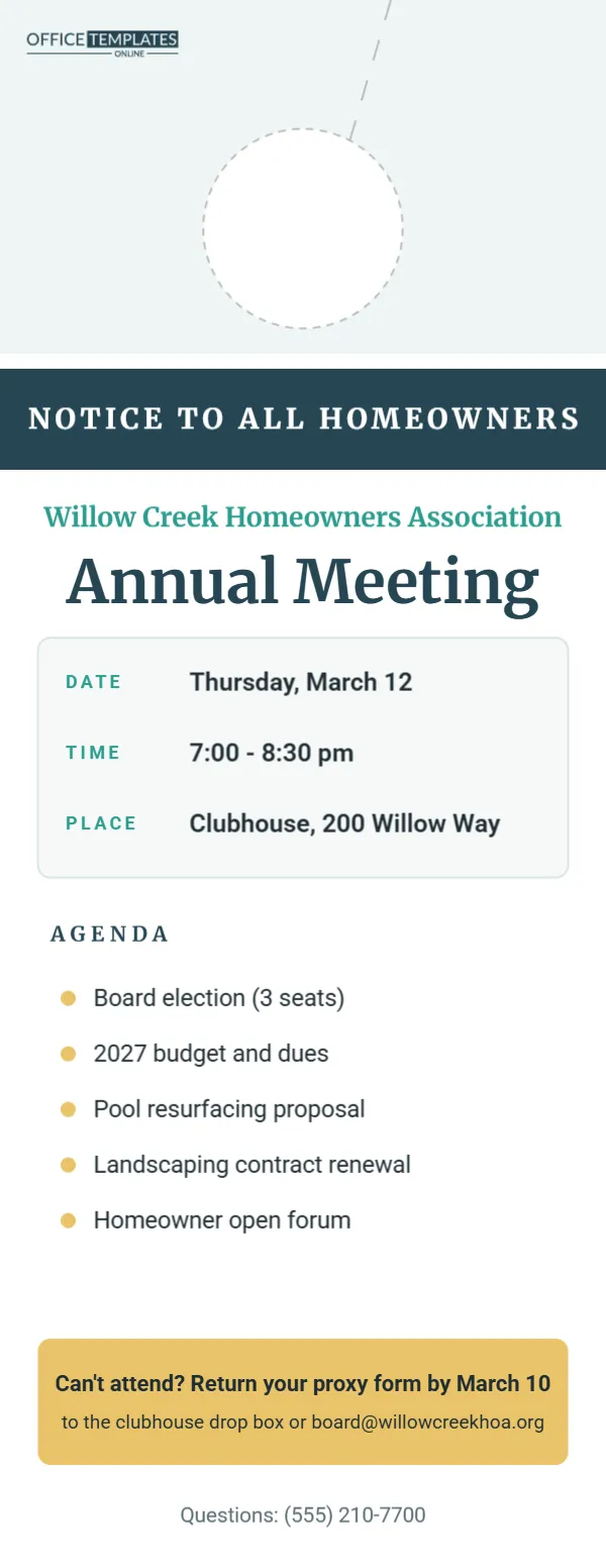 HOA Annual Meeting Notice Door Hanger with Agenda and Proxy Reminder