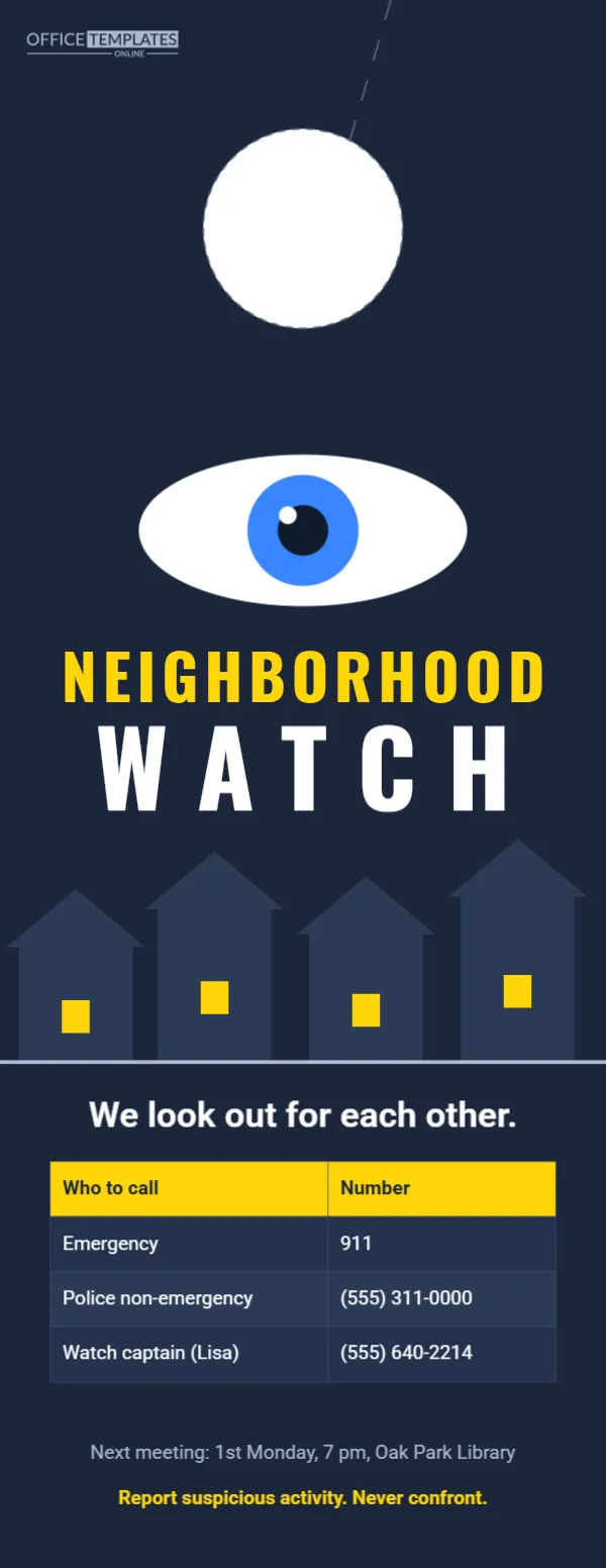 Neighborhood Watch Door Hanger with Watchful Eye and Emergency Numbers