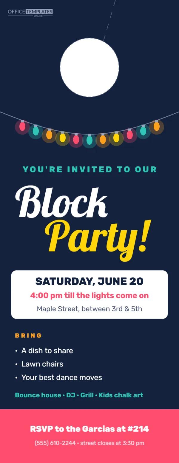 Block Party Invitation Door Hanger with String Lights