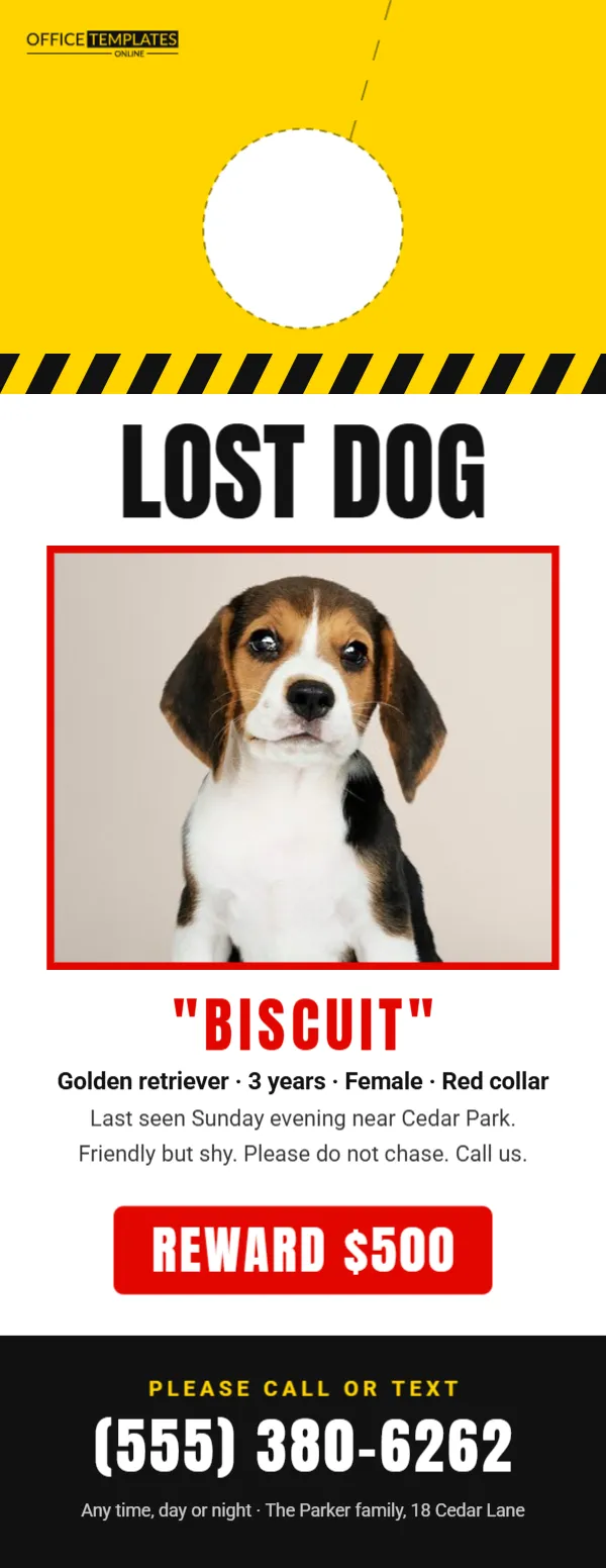 Lost Dog Door Hanger with Big Photo, Description and Reward