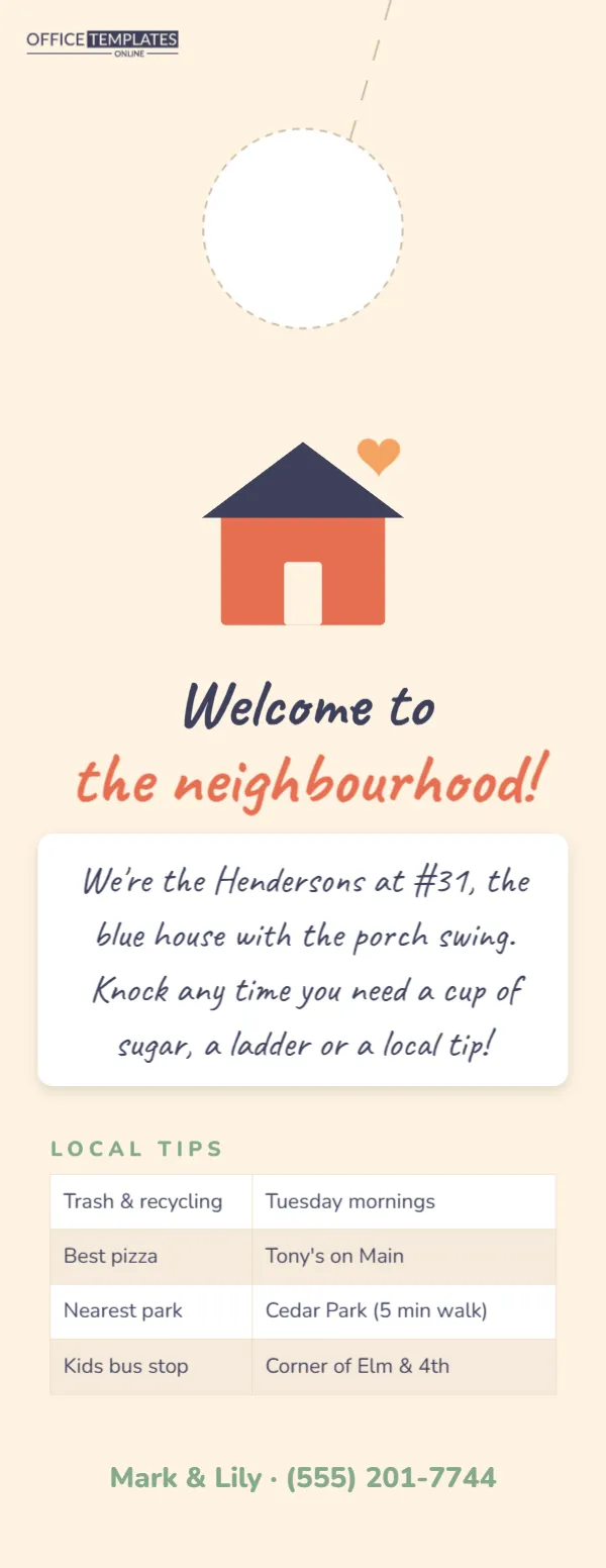 Welcome New Neighbour Door Hanger with Handwritten Note and Local Tips