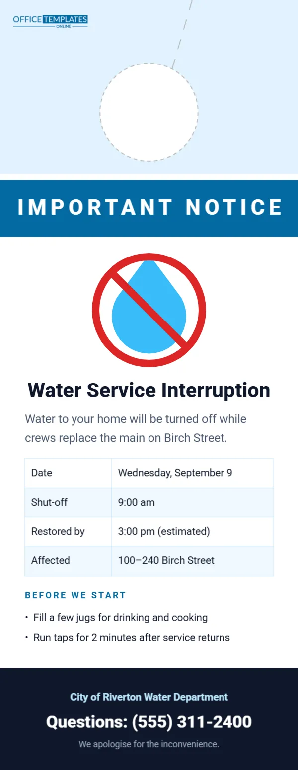 Water Service Interruption Notice Door Hanger for Utilities and Landlords
