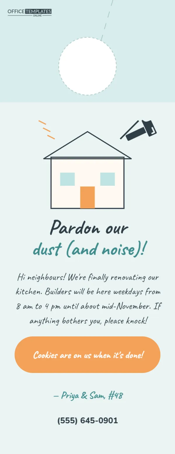 “Pardon Our Dust” Renovation Note Door Hanger for Neighbours
