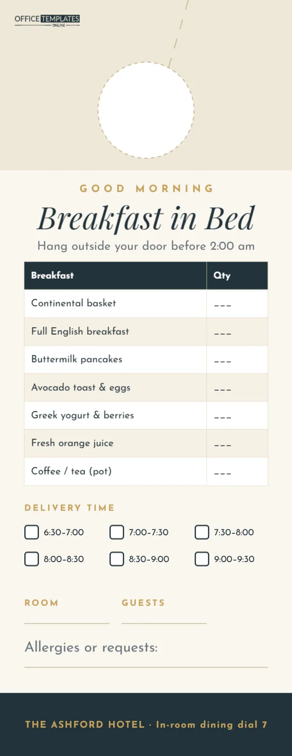 Hotel Breakfast Order Door Hanger with Menu Table and Delivery Times