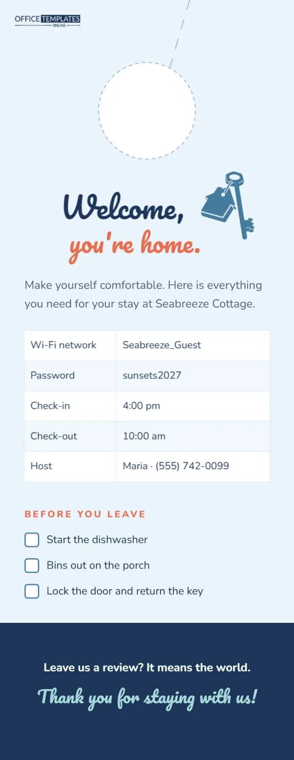 Vacation Rental Welcome Door Hanger with Wi-Fi and House Info