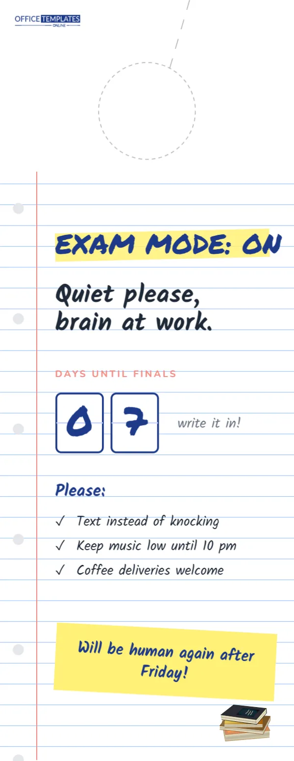 Exam Mode Study Door Hanger on Notebook Paper with Countdown