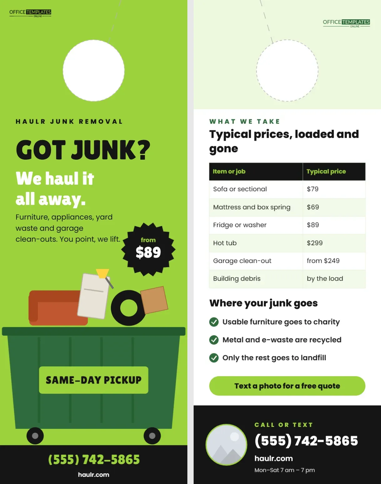 Junk Removal Door Hanger – “Got Junk?” Dumpster Design in Lime and Black