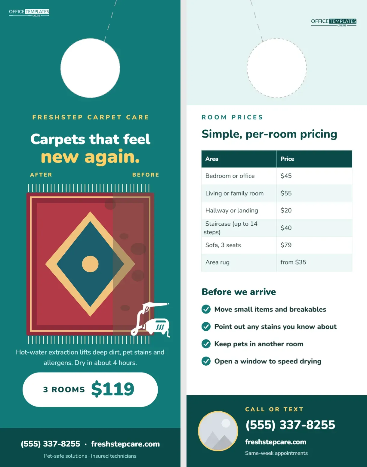 Carpet Cleaning Door Hanger – Before-and-After Rug on Teal