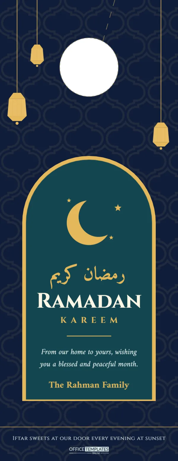 Ramadan Kareem Door Hanger with Hanging Lanterns and a Golden Arch