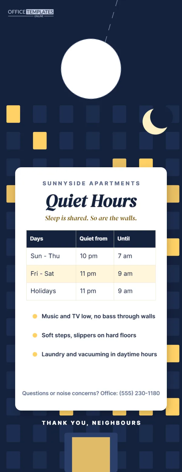 Apartment Quiet Hours Notice Door Hanger with Night Building Facade