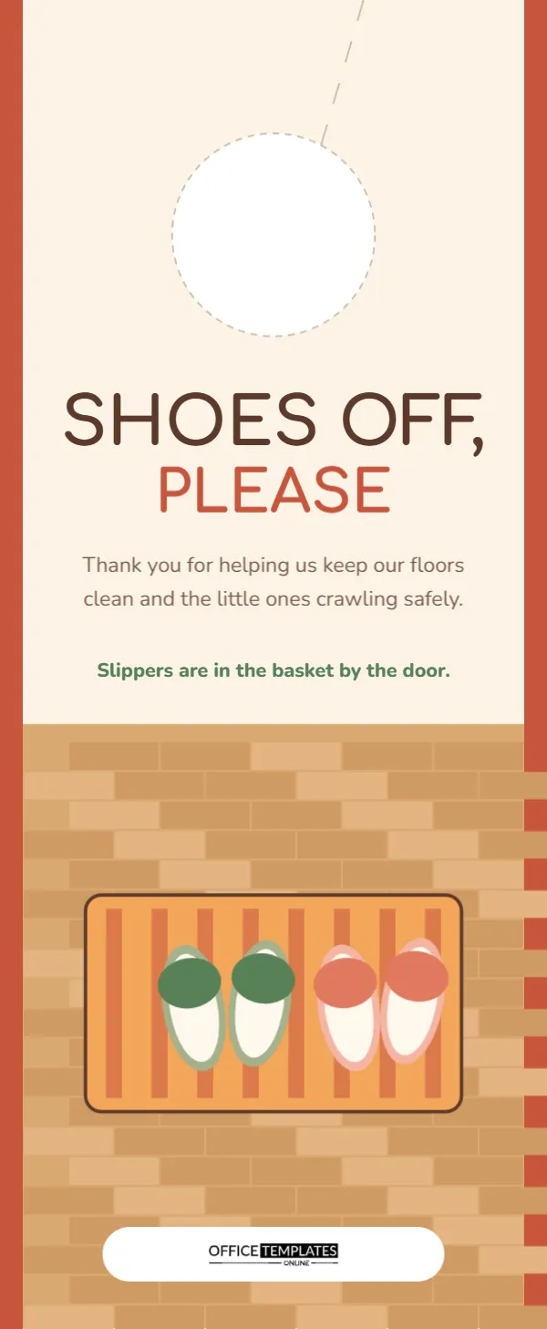 “Shoes Off, Please” Door Hanger with Parquet Floor, Doormat and Slippers