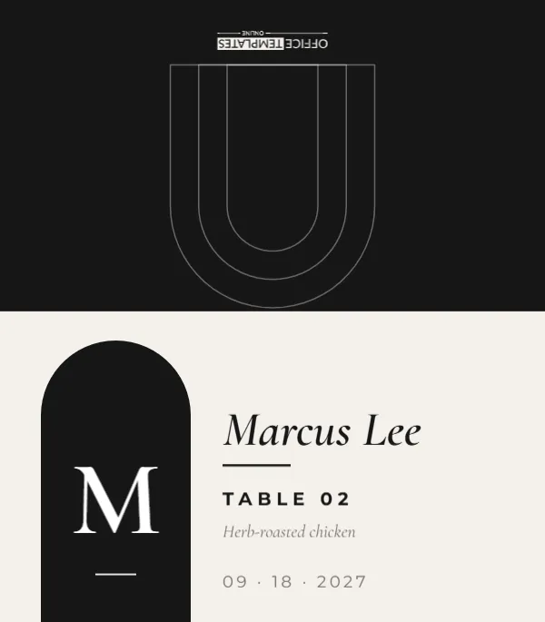 Modern Black Arch Wedding Place Card with Initial and Meal Line