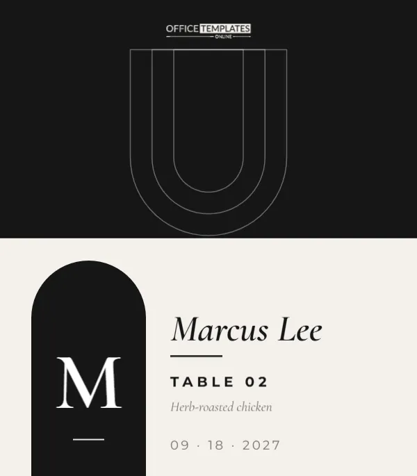Modern Black Arch Wedding Place Card with Initial and Meal Line