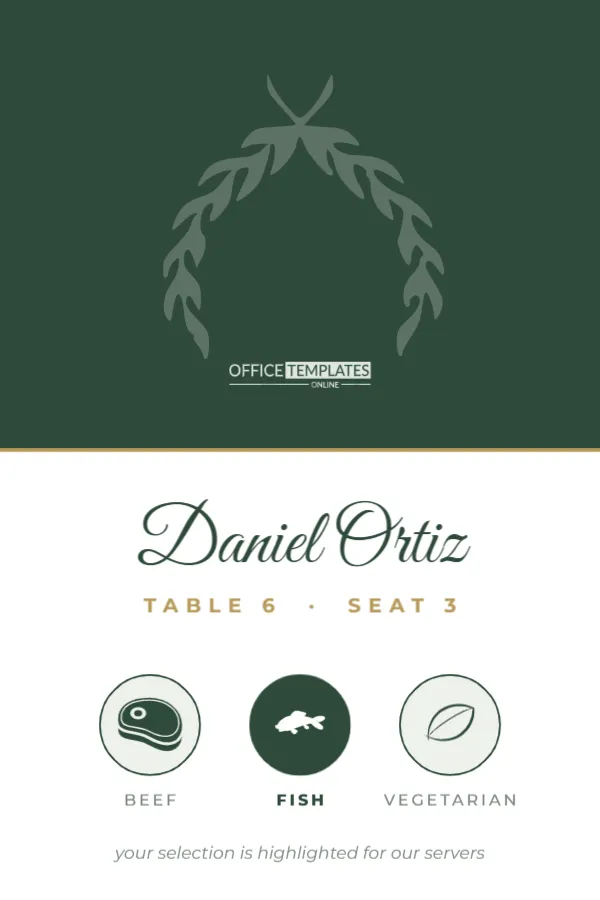 Wedding Meal Choice Place Card with Beef, Fish and Vegetarian Icons