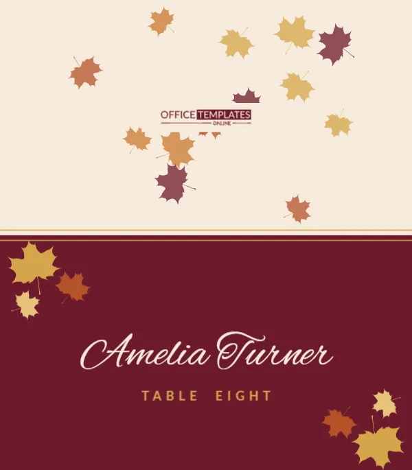 Burgundy and Gold Fall Wedding Place Card with Maple Leaves