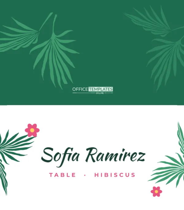 Tropical Palm Leaf Wedding Place Card with Pink Blooms